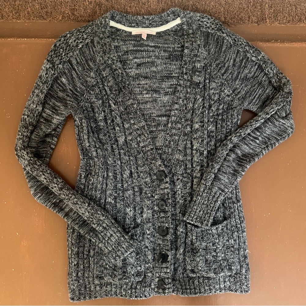 Victoria's Secret Charcoal Loose Weave Marbled Front Button Cardigan - Women’s M